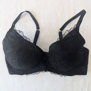 Soma Linework Embroidered Plunge Bra Black Floral Lace 36D‎ Coquette Semi Sheer